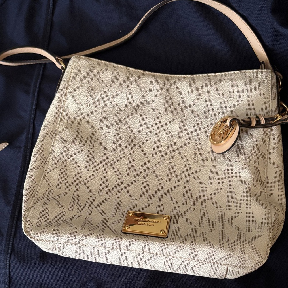 Michael Kors Cream Logo Hobo Shoulder Bag with Gold Hardware